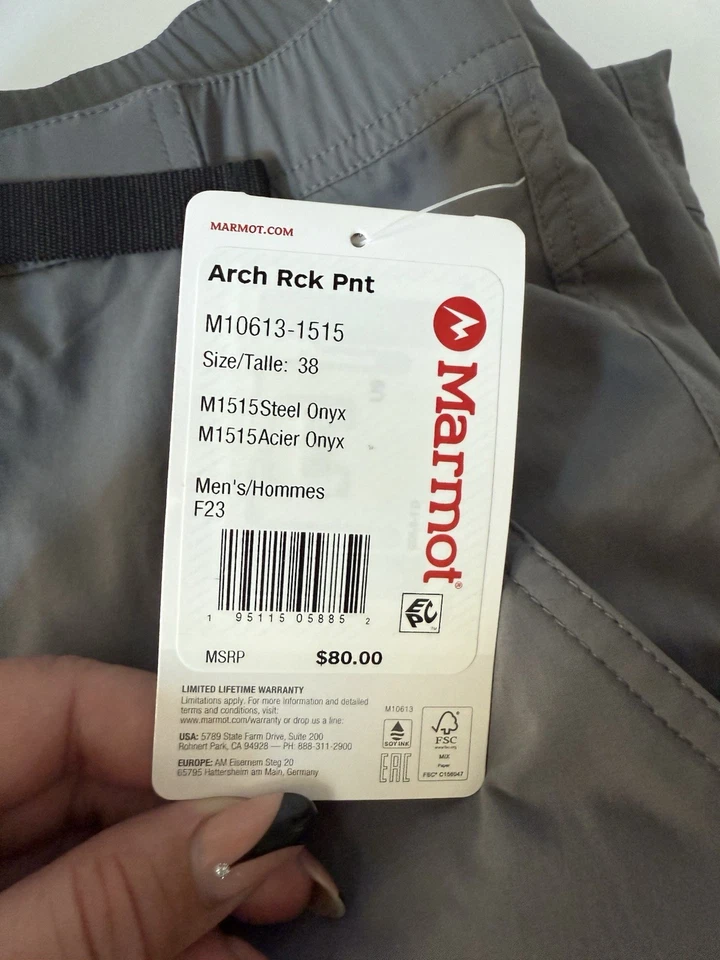 Marmot Arch 摇滚裤男式 38 钢玛瑙远足户外全新带标签 MSRP 80 美元 — 第 4/4 张图片