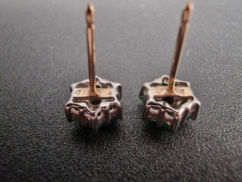 9ct gold Emerald & Diamond Stud Earrings Vintage Flower - Picture 8 of 12