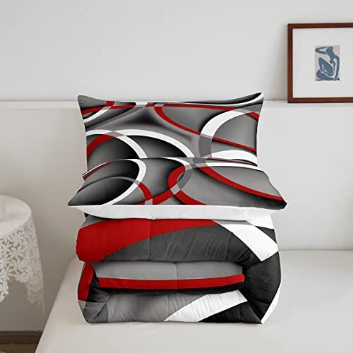 Stripes Comforter Set Kids Teens Gray Black Red Swirls Room Queen Circle 01 - Picture 6 of 6