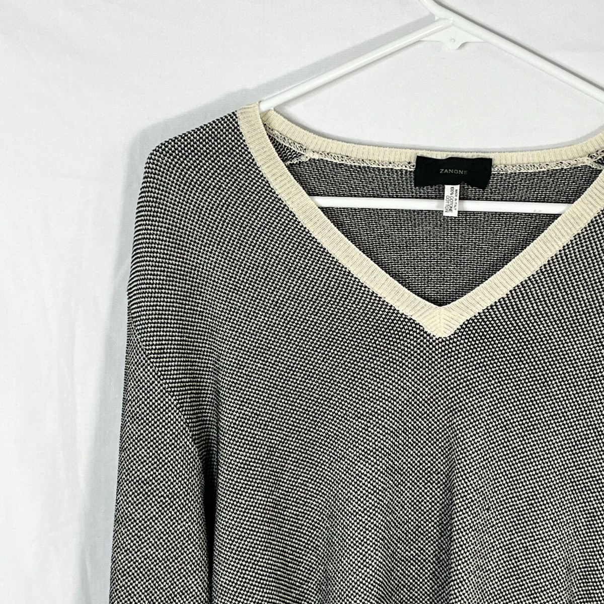 Zanone Made in Italy 100% Cotton V-Neck Knit Black Cream Sweater 