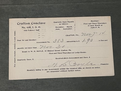 1914 zweimal benutzt! CRAFTON PA FLAGGENSTEMPEL ODD FELLOWS POSTKARTE + PITTSBURGH!! - Bild 2 von 2