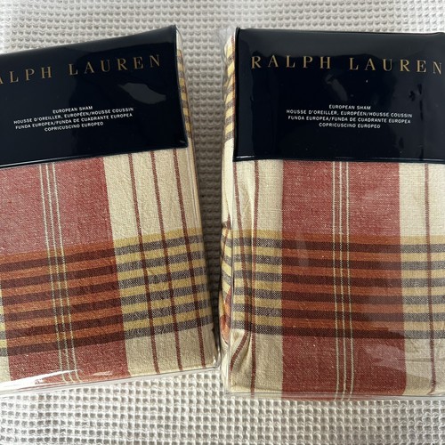 New 2 Ralph Lauren Camile Collection Kieran Euro Pillow Shams Pair Set Plaid Red - Picture 1 of 8