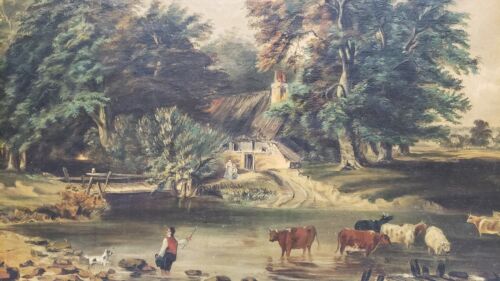 Antique Folk Art Farm Landscape Trees, Cows & Cottage Oil on Canvas Painting - Picture 4 of 12