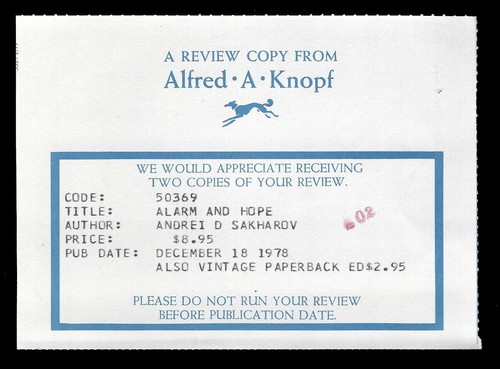 Alarm and Hope, Sakharov, Andrei D., Knopf, 1978, Hardc Review Copy Cert - Picture 2 of 4