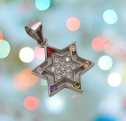 Collana Ciondolo Stella di David Multicolore Argento Sterling 925 Gioielli Giudaica - Foto 10 di 12