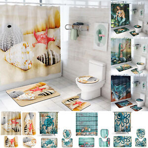 4pcs-Non-Slip-Pad-Bathroom-Pedestal-Rug-Lid-Toilet-Cover-Bath-Mat-Shower-Curtain