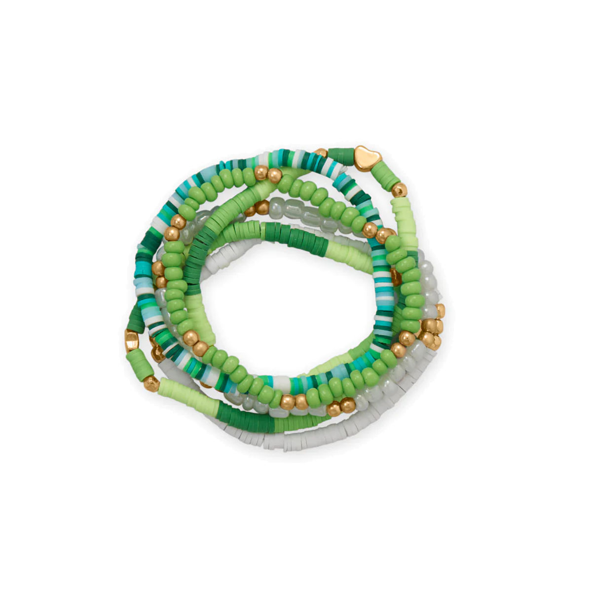 Friendship Stretch Bracelet Set of Six Green Teal White Gold Tone Beads Friendship Stretch Bracelet Set of Six Green Teal White Gold Tone Beads