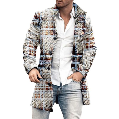 Mens Trench Coat Printed Slim Fit Stand Collar Single Breasted Long Coat Jacket - Picture 4 of 42