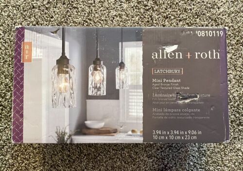 NWT! Allen + Roth Latchbury Aged Bronze Finish-Clear Textured Glass Mini Pendant