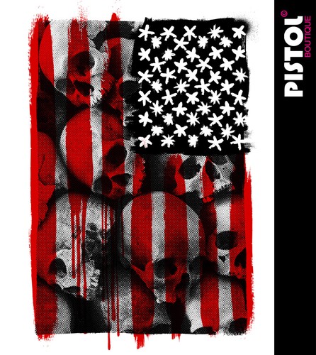 Pistol Boutique men's Fitted White Deep V neck USA Stars Stripes SKULLS T-shirt - Picture 3 of 12