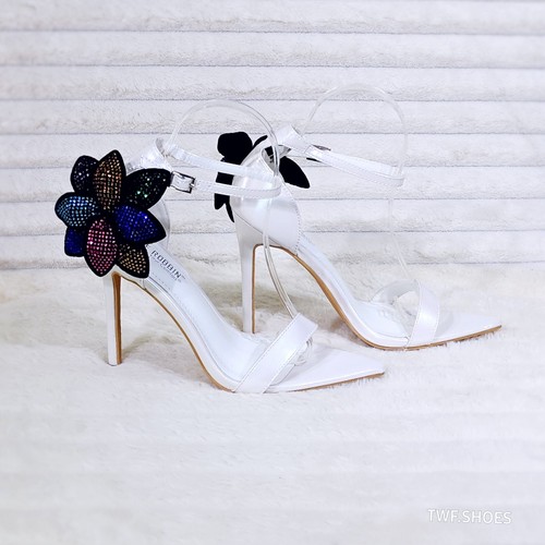 Ellie Pearl White Stiletto High Heels With Diamante Flowers - Picture 7 of 9