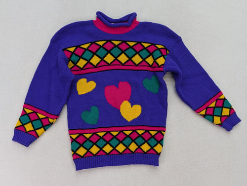 Brisbane Express Vintage 80s 90s Girl's Sweater Size M 10/12 Purple Neon Heart - Picture 2 of 12