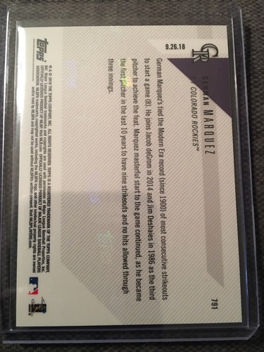2018 TOPPS NOW MLB #791 GERMAN MARQUEZ 8 Ks TIES RECORD SP SSP LOW PRINT RUN 194 - Picture 2 of 2