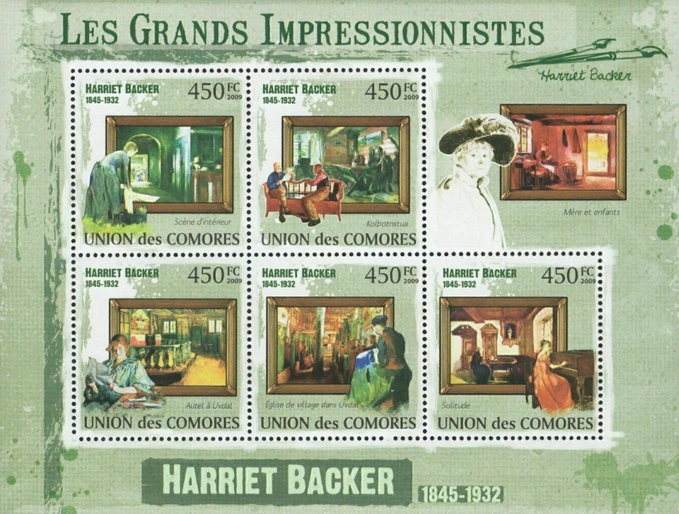 Famosa hoja de recuerdo impresionista Harriet Backer de 5 estampillas como nueva Foto 2 de 2