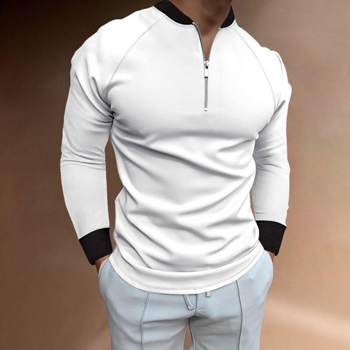 Polo T Shirt Men's Trendy Zipper Collar Dress Long Sleeve Sports Golf Casual Tee - Picture 38 of 45