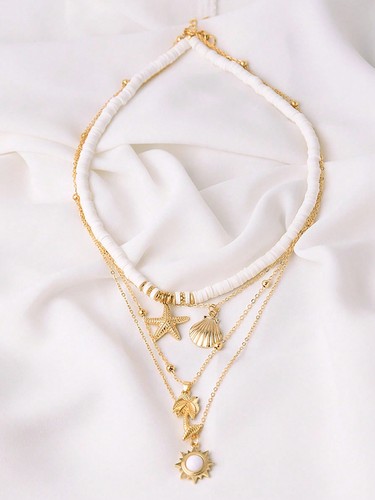 Vintage Sun Multilayer Necklace For Women Summer Beach Starfish Shell Coconut - Picture 3 of 3