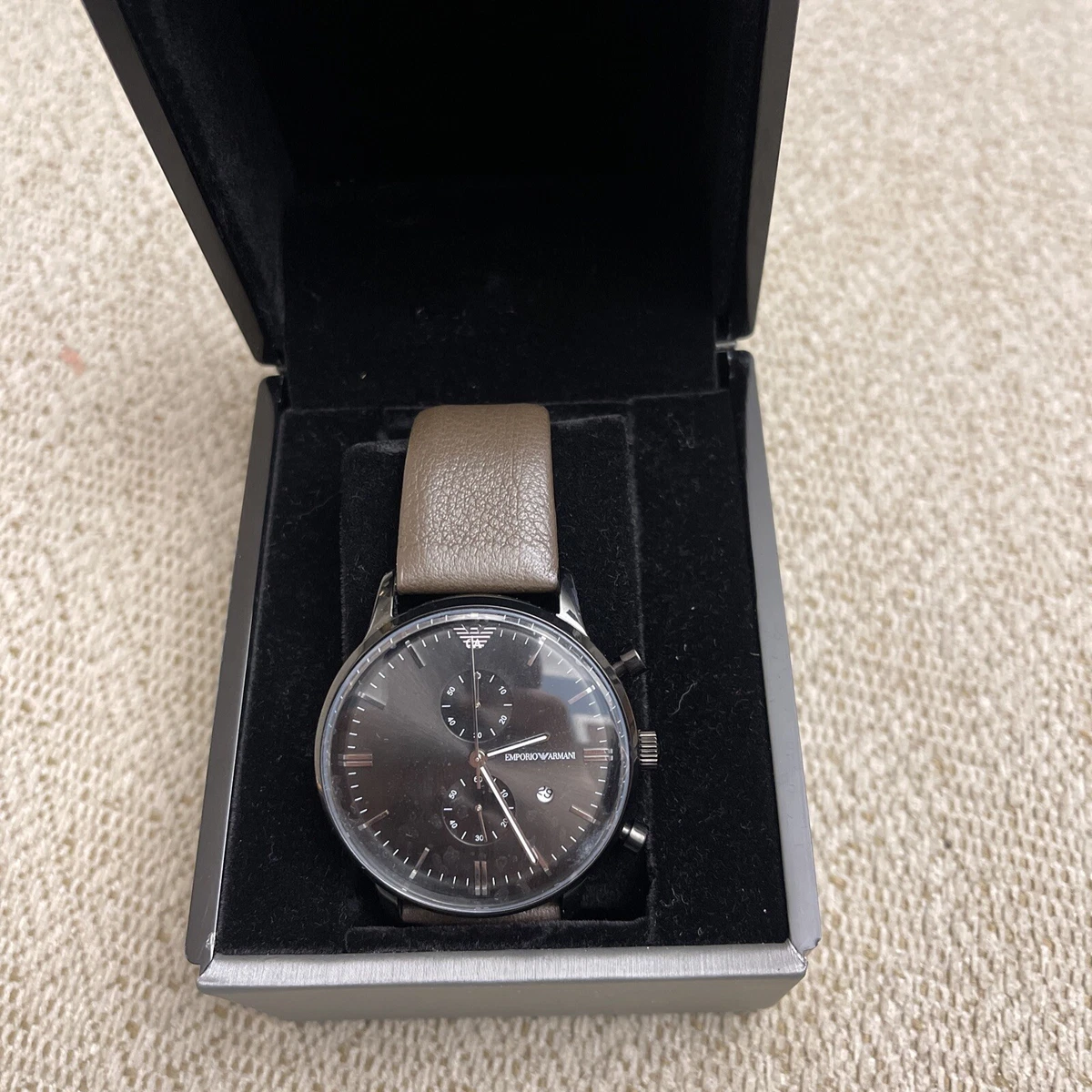 Emporio Armani AR1932 Retro Gunmetal Dial Leather Strap Chronograph Men s Watch