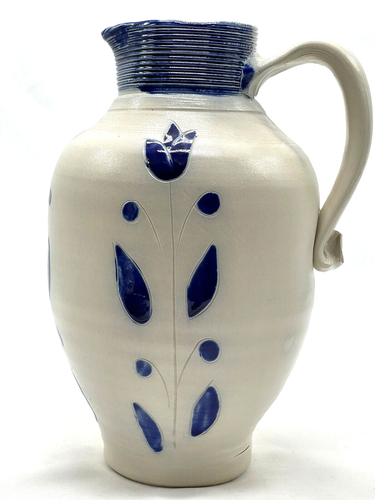 Vintage Large Salt Glaze Blue/White Stoneware Pitcher Folk Art Farmhouse - Picture 1 of 12