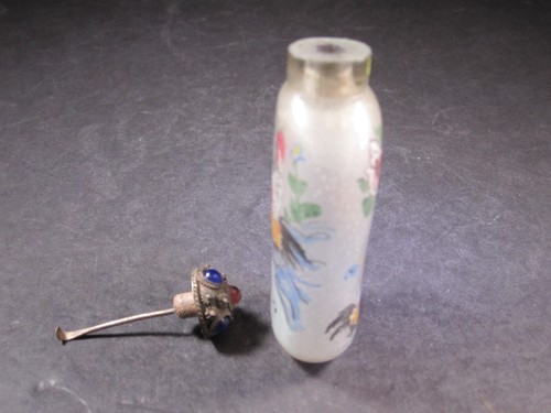 VTG Chinese Reverse Painted Glass Cock Rooster Chickens Decorated Snuff Bottle - Picture 5 of 9