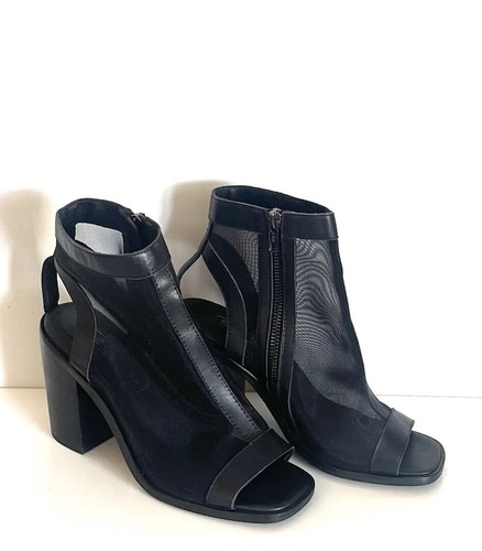 SOL SANA Black Leather & Sheer Mesh Net Peep Toe Block Heel Bootie EU38 (US7.5) - Picture 2 of 9