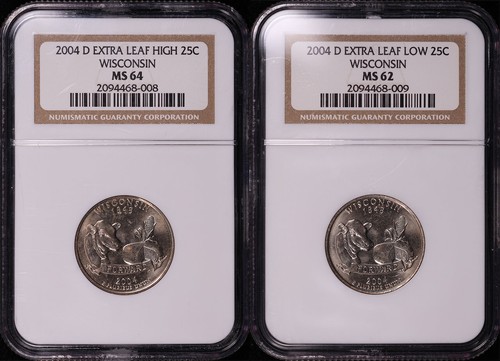 2004-D Extra Leaf Low & High Wisconsin State Quarter 2pc Set NGC MS-62 & MS-64