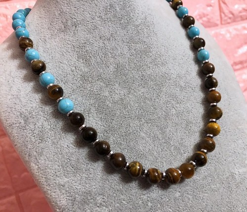 Collana Uomo Donna in Pietra dura Naturale Occhio di Tigre Turchese argento 8mm - Foto 5 di 6