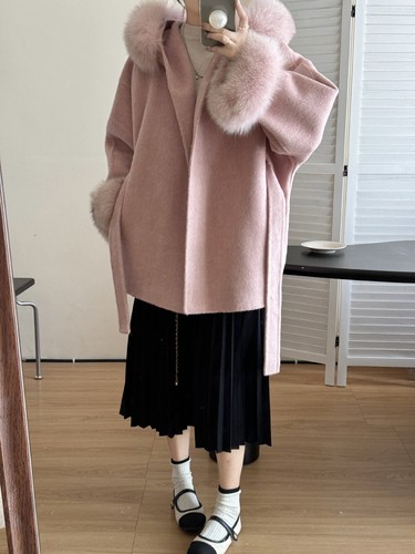 Damen Echt Fuchspelz Kapuze Fell Langarm Trenchcoat Wolle Kaschmir Winter Neu - Bild 10 von 26