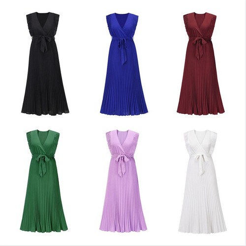 Women Sleeveless Maxi Ruffle V-neck Beach Dress Chiffon Pleated Dress Summer - Bild 3 von 17