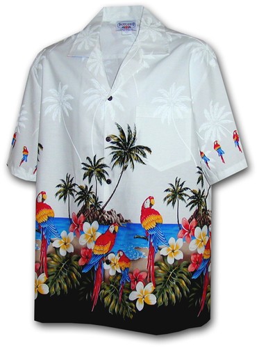 Pacific Legend Tropical Beach Parrots Hawaiian White Button Down Shirt 440-3468 - Imagen 3 de 3