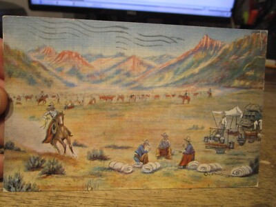 O8 Old UTAH Postcard L.H. Dude Larsen Cowboy Artist The Roundup Chuck Wagon Camp