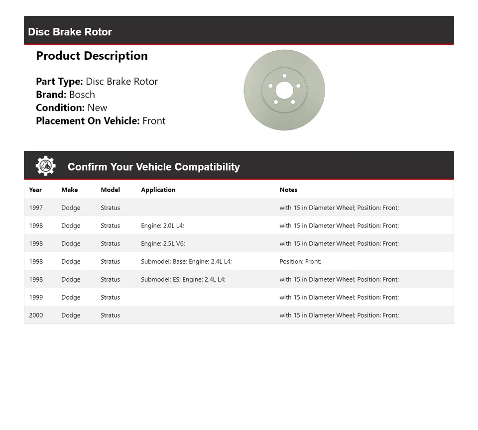 Rotor de freno de disco delantero QuietCast Bosch 1997-2000 Dodge Stratus Bosch 1998 1999 Foto 2 de 4