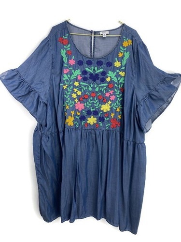 Crown & Ivy Blue Denim Chambray Shirt Womens 4X Peasant Boho Blouse Embroidered