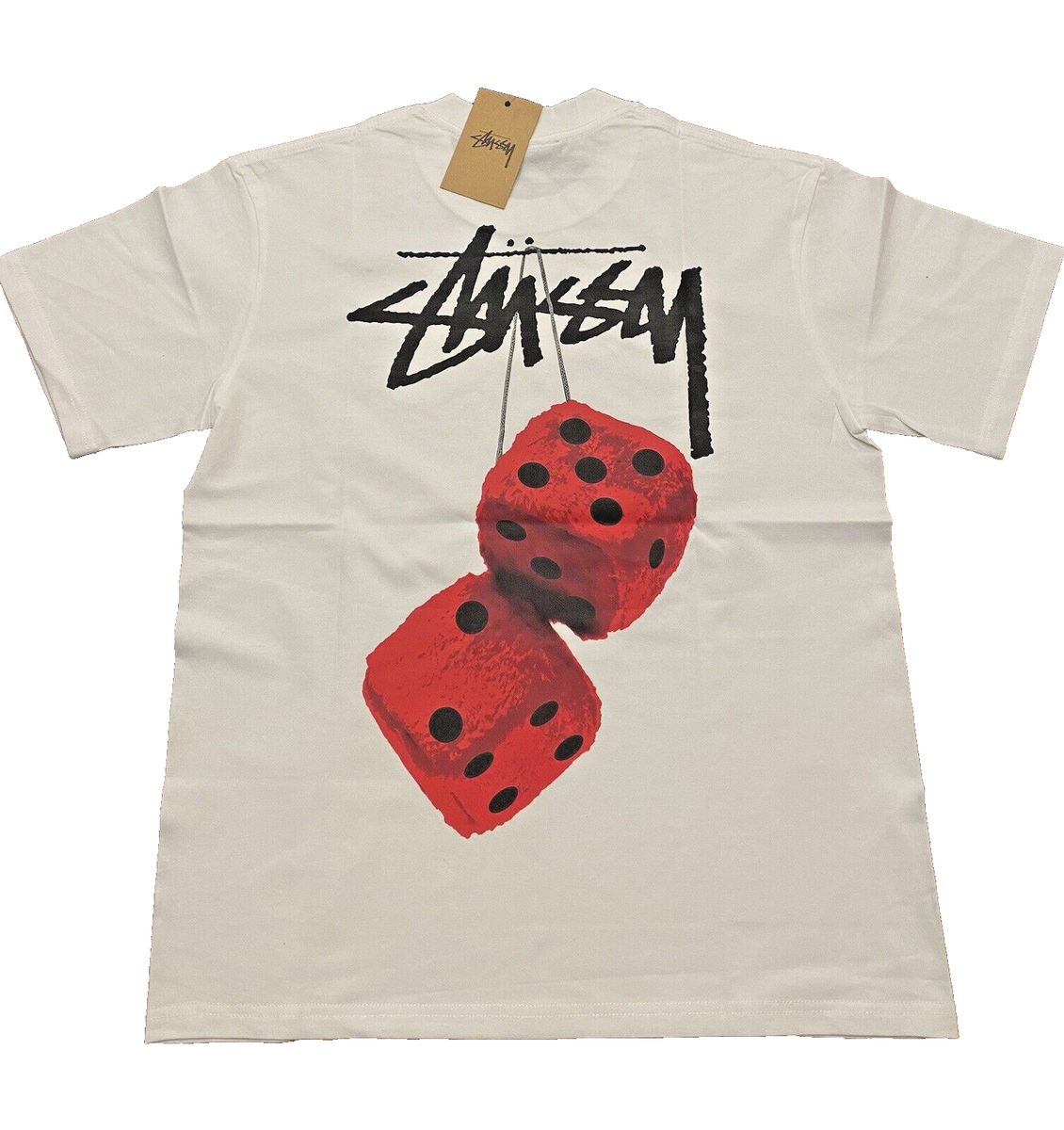 Stussy Dice Pattern Cool Lucy T-Shirt, White & Red Dice Size Stussy Dice Pattern Cool Lucy T-Shirt, White & Red Dice Size