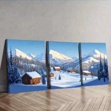 3pcs  Snow Covered Village Mountains Scenery Wall Art Canvas Framed 50x70cm