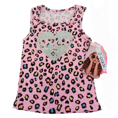 2x Freestyle Tank Tops 5 Girls Pink Cheetah Rib Knit School Play Heart Cat - Picture 2 of 5