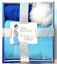 SPA ESSENTIALS Blue 3 Piece SET Towel Wrap Hair Towel Twist Loofah Gift Box NWT
