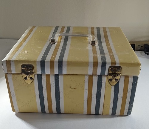 Vintage Sewing Box Vinal Covered Retro Striped Pattern - Picture 4 of 16