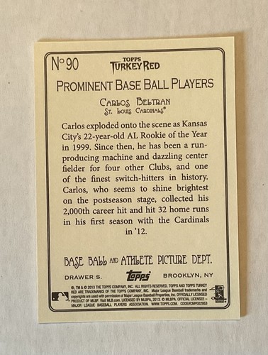 2013 Carlos Beltran Topps Turkey Red #90 Print Run 500 CARDINALS - Picture 2 of 2