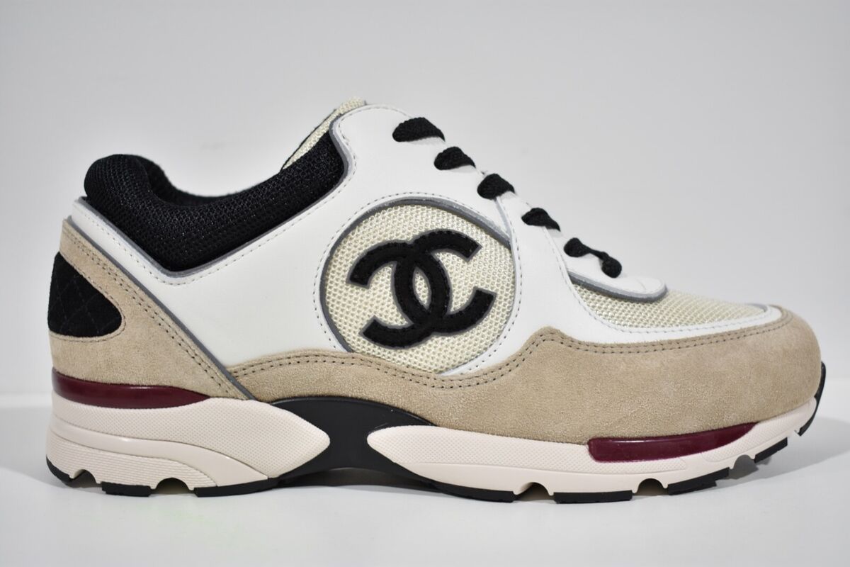 Chanel 22S White Ivory Beige Black CC Logo Tie Flat Runner Trainer