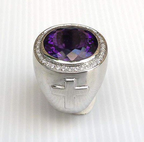 Huge 13.01CT Amethyst & Clear Stones Christian Sterling Silver Large Bishop Ring - Picture 3 of 7