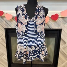 CAbi Navy Blue Paisley Striped Sleeveless Blouse Top Mixed Print Ruffle V-Neck