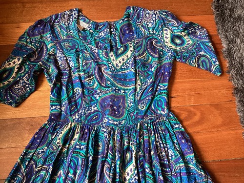 Genuine Vintage 80’s SHIVAM peasant Prairie Style Dress Blue Paisley Size 10 - Picture 10 of 12