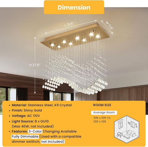 Modern Crystal Chandelier Gold Rectangular Wave Raindrop Chandelier 8 Lights Rec - Picture 9 of 9