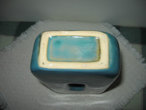 Vintage Peacock Blue & Brown Drip Art Pottery Vase Oblong with Oval Hole 9.25" T - Picture 6 of 11