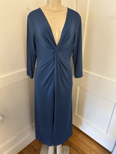Maxi Vestido Twist Deep V Frontal Manga Larga Talla L 100% Algodón Azul Índigo Abertura Alta