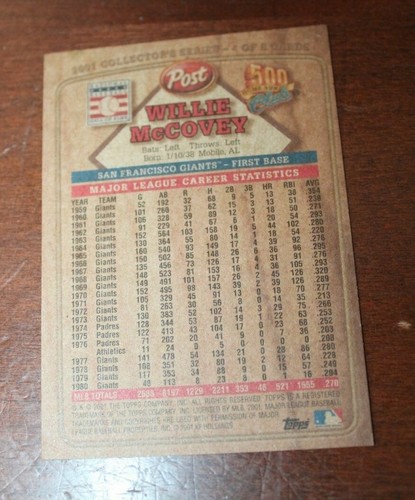 Tarjeta de béisbol Willie McCOVEY 2001 TOPPS/POST 500 Home Run Club #4 de 8 - Imagen 2 de 2