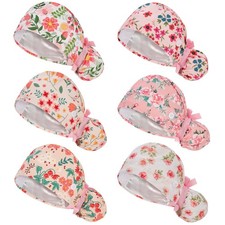 6 Pcs Ponytail Scrub Caps Women Satin Lined Surgical Cotton Buttons Hats