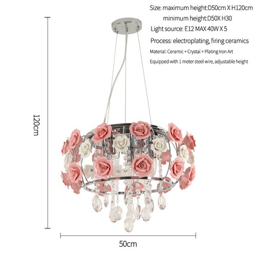 Crystal Chandelier Romantic Pink Rose Ceiling Light Ceramics Flower Pendant Lamp - Picture 17 of 18