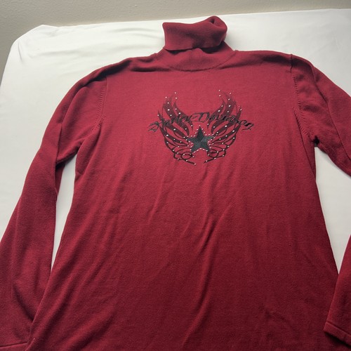 Suéter Y2K Harley Davidson para mujer grande rojo bordado alas tachonado motociclista