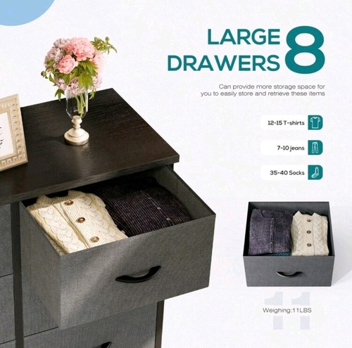 Storage Dresser 8 Drawers Fabric Organizer Bedroom Sturdy Steel Frame Wooden Top - Picture 8 of 12